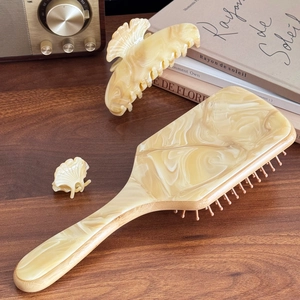 Marble texture maple leaf hair claw clip and wooden massage comb hairbrush set