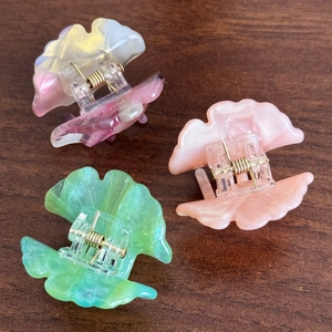 Acetate ginkgo leaf mini hair clips set in pink, yellow, and blue gradient colors
