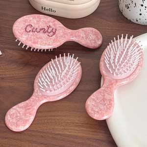 Pink Marble Acetate Air Cushion Hairbrush With Rhinestone Decoration Portable Scalp Massage Hair Comb For Women Styling Tools