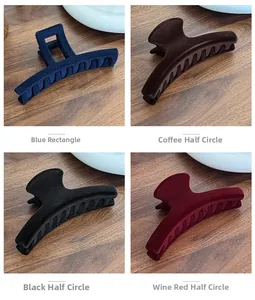 Collage of four flocked matte hair claws in blue, brown, black, and burgundy colors