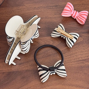 Vintage French striped bow hair claw set with sweet ribbon clips and ponytail holders