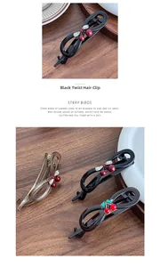 Detail of elegant cherry hair clip with red beads and green leaf zircon on black resin