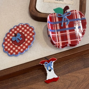 Vintage Red White Checkered Apple Shape Hair Clips Cute Gingham Fruit Acrylic Hair Claw Clip Bow Accessory For Women