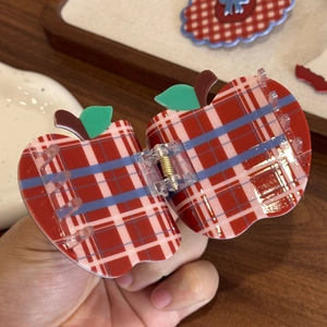Vintage red plaid apple shaped hair claw clip with acetate finish and green leaf detail