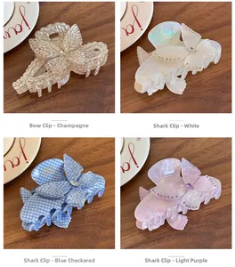 Collage of butterfly hair claws in champagne, iridescent white, blue check, and purple
