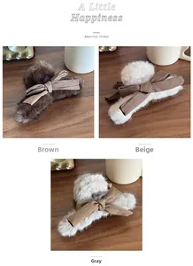 Detailed view of plush bow hair claws in brown, beige, and grey for autumn winter