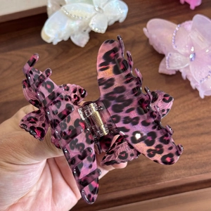 Sparkling purple leopard butterfly hair claw clip with rhinestones and metal spring