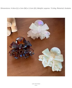 Close-up showing acetate bow hair claws in various colors and 4.8cm size measurements