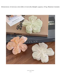 Detail view of acetate flower hair claws with rhinestones in mint green and peach