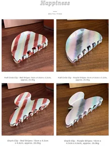 Detailed views of striped acetate hair claws in various colors and dimensions