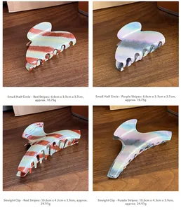 Detailed views of acetate claw clips and hair slides in vibrant gradient stripes