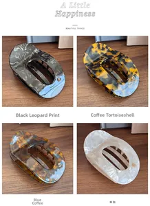 Flat acetate hair clips set in leopard, tortoise, blue, and cream white patterns