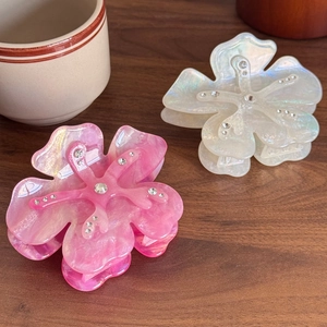 Exquisite acetate flower hair claw clips with rhinestones in pink and iridescent white