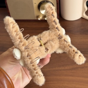 Plush faux fur large hair claw clip in khaki with sturdy spring and acrylic teeth