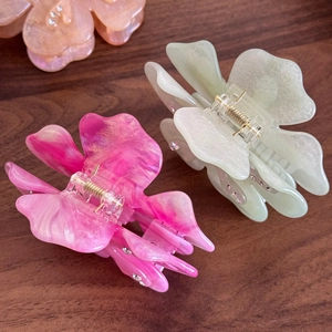 Elegant acetate flower hair claw clips with rhinestones in pink, green and orange colors