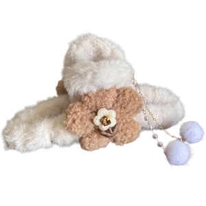 Plush bow hair claw clip with brown faux fur flower and dangling pearl tassel accessory
