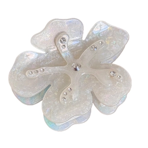 Exquisite acetate flower hair claw clip with iridescent finish and sparkly rhinestones