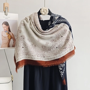 Vintage paisley pattern oversized pashmina scarf with patchwork design and fringe detail