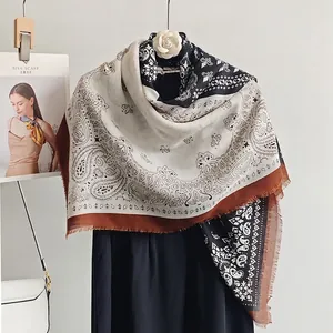 Retro paisley cotton linen pashmina shawl with fringe trim in black white and brown