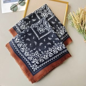 Vintage paisley pattern square scarf in black with soft fringe edges for sun protection
