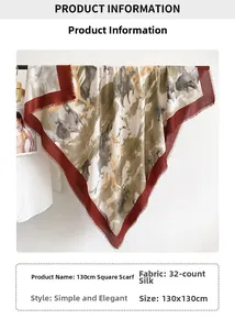 Detail of 130x130cm horse pattern cotton scarf with frayed edges and vintage painting style
