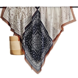 Vintage paisley print large square shawl with bohemian fringe in black and beige colors