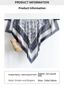 Detail view of 130cm blue and white geometric print scarf with fringed edges
