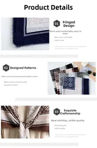 Detail view of cotton linen oversized scarf featuring geometric print and frayed tassel edges
