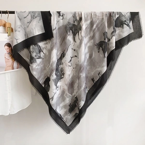 Artistic square scarf with horse print and frayed edges in grey and white ink style