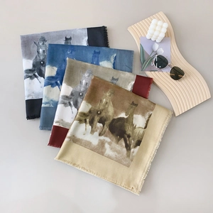 Large cotton-linen feel horse print scarf with short fringe in four retro colors