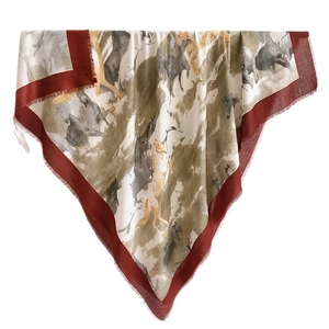 Artistic square scarf with horse pattern and deep red border in a soft cotton-linen feel