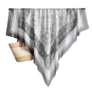 Bohemian geometric print cotton linen square scarf with fringe edges and soft drape