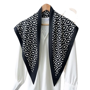 Minimalist black and white diamond pattern silk scarf with elegant wide black border