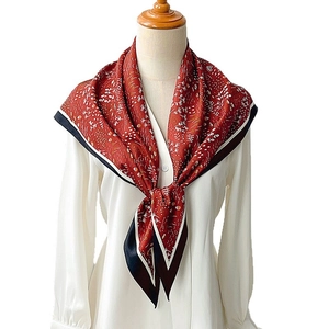 Elegant burgundy floral satin triangle scarf for women with chic black and white borders