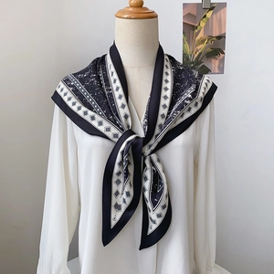 Elegant black and white printed neck scarf with geometric diamond pattern for women