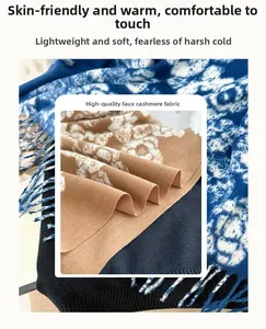 Close-up detail of soft faux cashmere scarf showing blue floral prints and thick texture