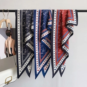 Blue denim print triangular silk scarf for neck or waist with artistic polka dot pattern
