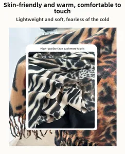 Detailed macro view of soft cashmere leopard and zebra print scarf texture with tassels