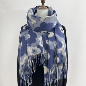 Thick blue and white floral scarf with fringe tassels for winter warmth shawl