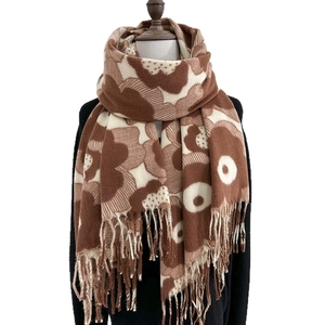 Winter floral knit scarf with bold poppy print and long fringe tassels in coffee and cream