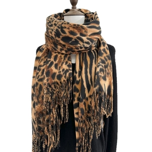 Classic leopard print shawl with long tassels, warm faux cashmere scarf for winter outfits