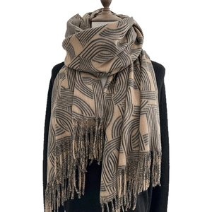 Winter faux cashmere scarf with camel and grey geometric patterns and elegant tassels