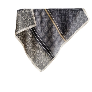 Elegant retro grey silk square scarf with geometric and butterfly prints on white background