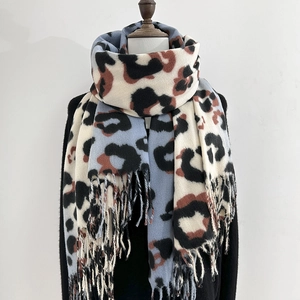 Fashionable leopard print pashmina shawl for women featuring fringe details and soft texture