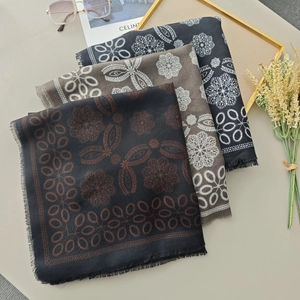 Écharpe carrée en coton et lin au style ethnique avec imprimé fleuri et franges