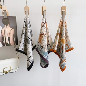 Retro print silk square scarf set with vintage stamp patterns and elegant wood hanger