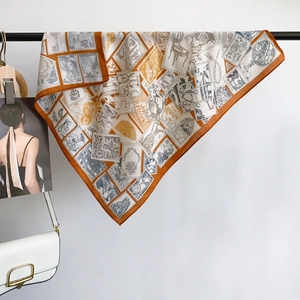 Vintage Stamp Print Polyester Square Scarf For Women Old Money Style Printed Neck Scarf Versatile Elegant Fashion Accessory