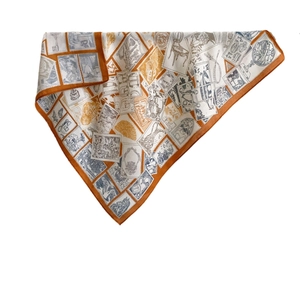 Vintage stamp print square silk scarf with orange contrast border for women's autumn style