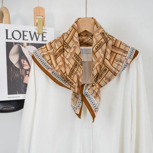 Detail of khaki geometric plaid silk scarf tied on white shirt with Lucky Fashion print
