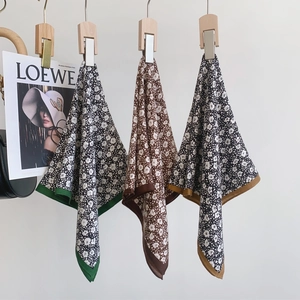 Floral print square scarves set in green and brown tones with delicate rolled edges